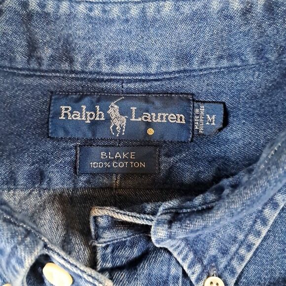 VTG Ralph Lauren Blake Denim Shirt Men's Medium Red Pony Logo Button Down Cotton - Picture 3 of 4
